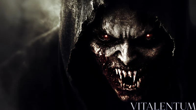 Demonic predator emerges from darkness with bloodied fangs.