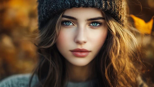 Photorealistic portrait with blue eyes in autumn light.