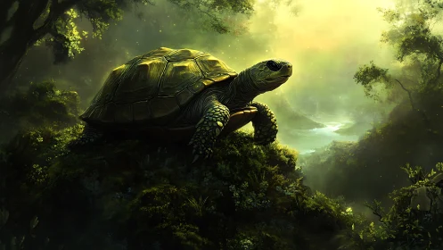 Turtle stands on mossy ridge under glowing forest light