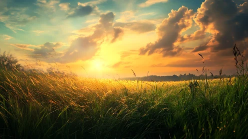 Golden meadow sunrise under glowing summer clouds.