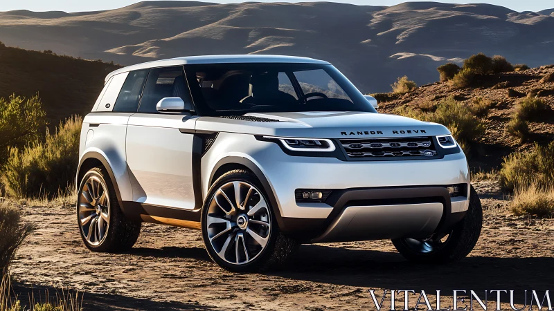White modern SUV parked on rugged desert landscape.
