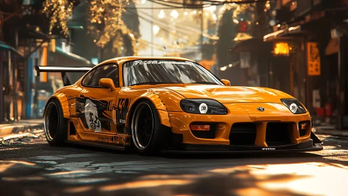 Widebody Toyota Supra in golden hour Japanese backstreet