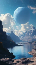 Exoplanet horizon over glacial fjord with atmospheric scattering.