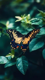 Golden butterfly resting softly among deep green leaves.