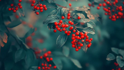 Scarlet berries clustered on teal-toned garden foliage.