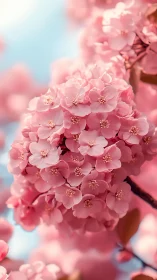 Delicate Pink Flowering Clusters with Golden Stamen and Bokeh Sky Backdrop.