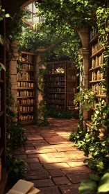 Sunlit stone corridor library overgrown with green vines