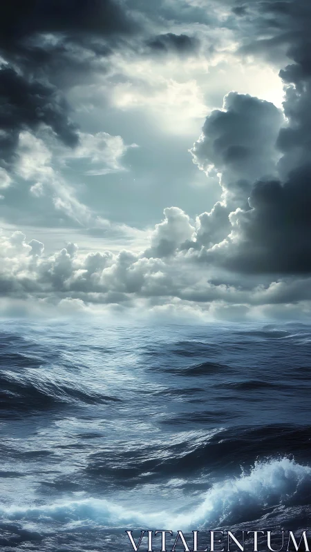 Storm-lit ocean swells rise beneath dramatic cloudbreak sky.