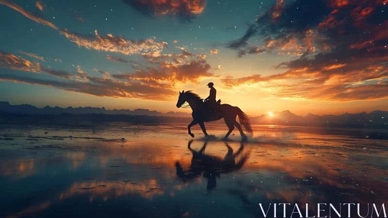 Equestrian silhouette traversing reflective tidal flats at sunset.