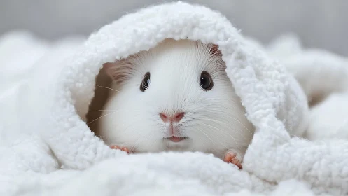White guinea pig partially covered by textured blanket.