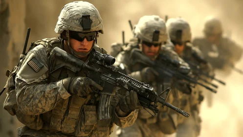 Modern infantry squad advances through desert combat zone.