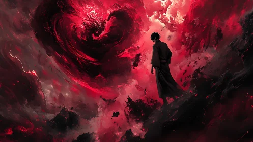 Samurai silhouette confronting vortical crimson heartstorm.