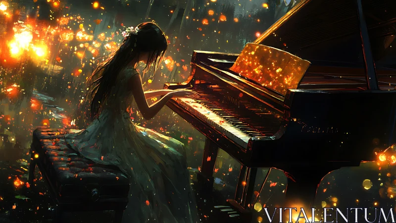 Backlit pianist in glowing bokeh field at grand piano