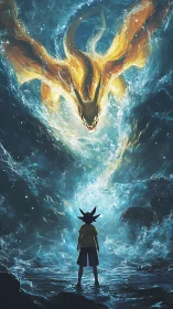 Child confronting colossal fiery dragon amid surging ocean vortex