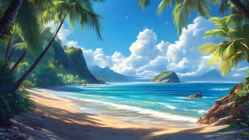 Tropical Paradise Cove with Palms and Turquoise Waters.