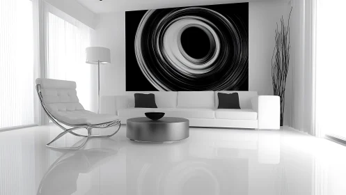 Calm monochrome living room with bold swirling artwork.