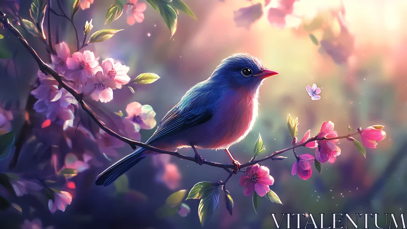 Blossom-lit songbird quietly crowns the pastel morning hush
