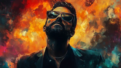 Chromatic portrait of reflective man against infernal nebula backdrop.