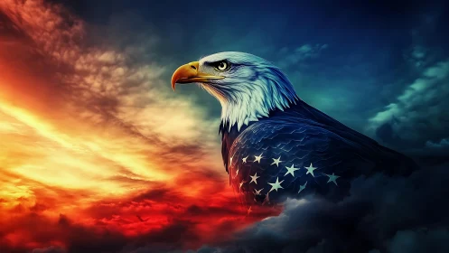 Majestic Bald Eagle with American Flag Elements in Dramatic Sky.