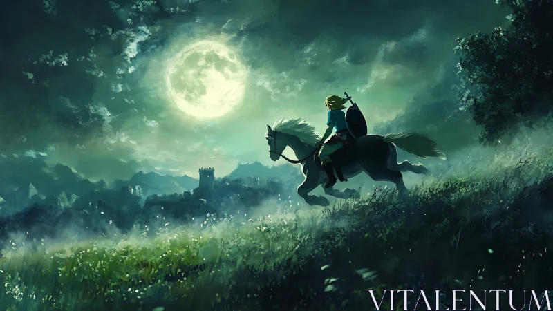 Moonlit rider cuts across misty hills toward dreaming towers