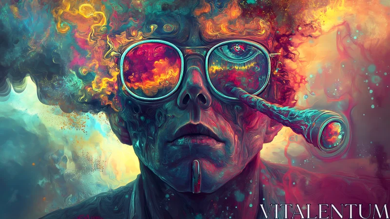Human portrait with abstract fiery glasses and vapor halo.