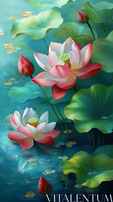 Lotus blossoms glow over tranquil teal pond with broad leaves