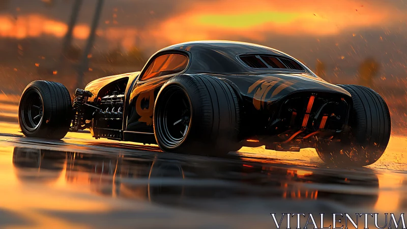 Custom hot rod accelerates on wet reflective surface at dusk