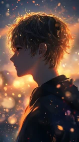 Golden evening glow surrounds a thoughtful anime boy