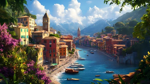 Sunlit Italian harbor town with boats and alpine backdrop.