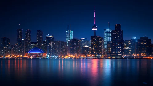 Illuminated city skyline reflects across calm harbor water