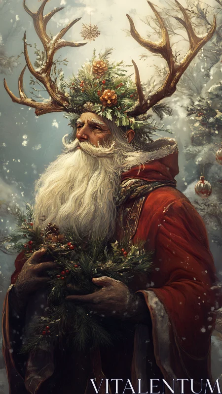 Winter forest spirit Santa crowned with antlers and pine wreath.