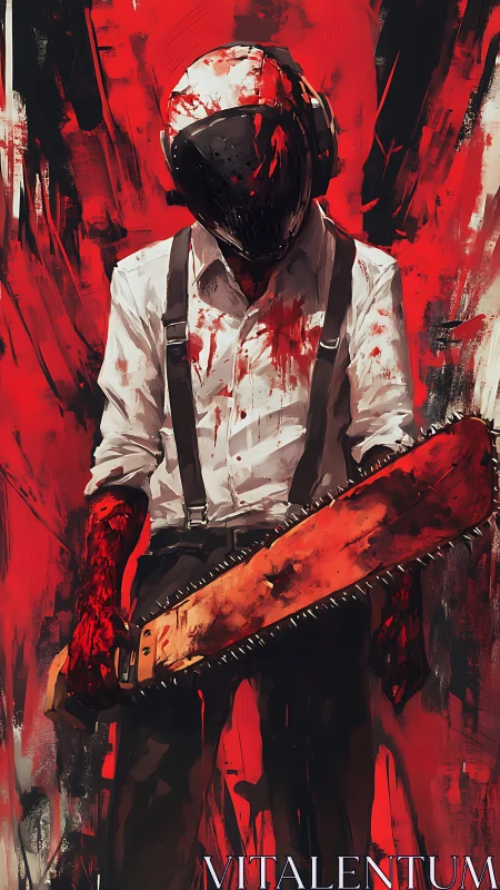 Mysterious masked figure holding a chainsaw in vivid red storm.