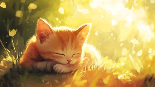 Ginger kitten resting in backlit grass under warm sunlight.