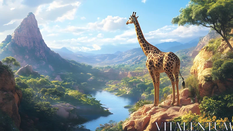 Giraffe overlooks sunlit canyon river in vast savanna vista.