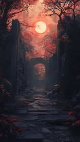 Ruined stone path recedes under blood-red foliage and eclipsed sun