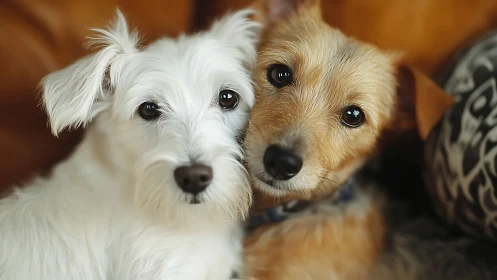 Close-up portrait captures two terrier dogs in soft focus