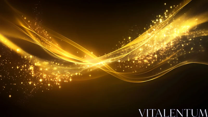 Golden light waves with sparkling particle trails on black.