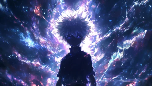 Silhouetted anime boy before glowing cosmic nebula portal.