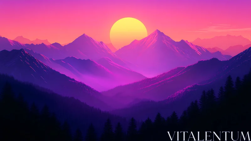 Neon-gradient alpine sunset over layered misty ridges.