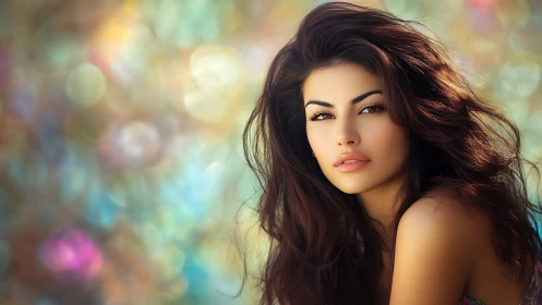 Soft gaze among dreamy colors and sunlit bokeh glow.