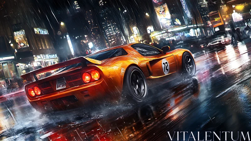 Orange race car powers through wet neon city street