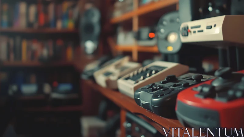 Retro gamepad parade in a cozy amber lit gamer’s den.