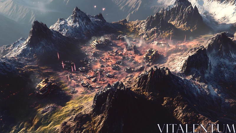 Orbital view of fortified alien valley with active lava fissures