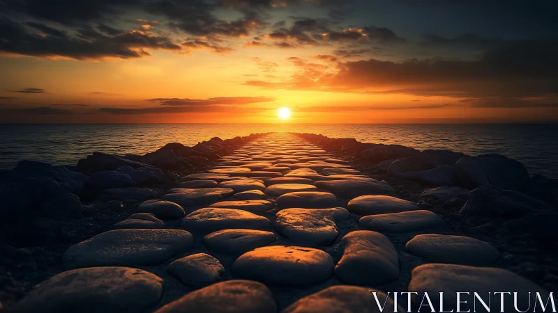 Sunlit stone pier leads into calm ocean horizon at sunset