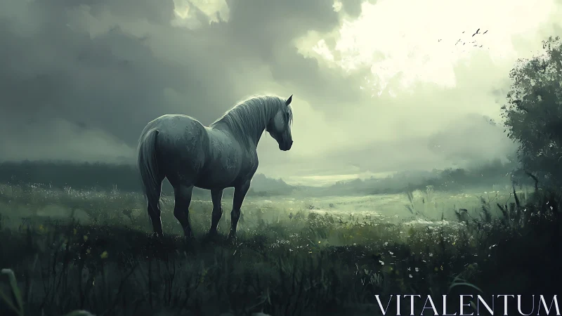 White horse standing in misty open field under cloudy sky.