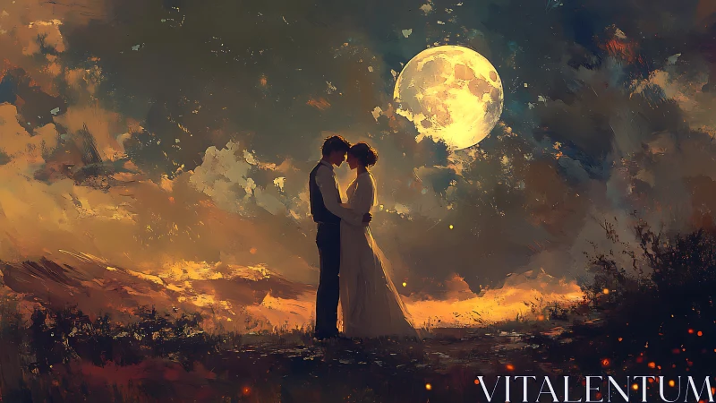 Luminous Moon Embraces Silhouetted Couple Amid Sunset Atmospheric Drama