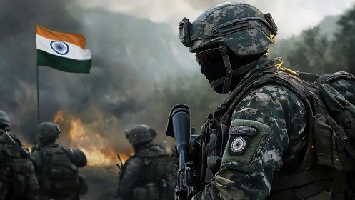 Armored Indian soldier in digital camo surveys smoky battlefield scene