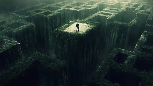 Solitary figure atop towering overgrown geometric labyrinth