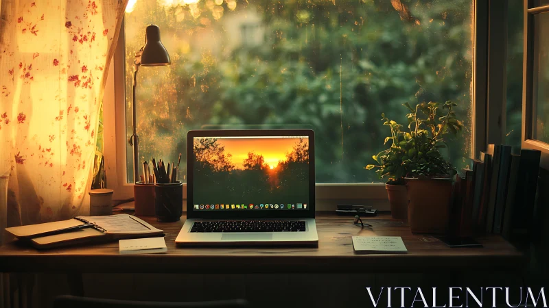 Laptop on wooden desk facing sunlit garden window at dusk