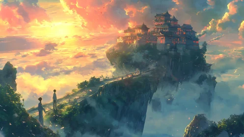 Aerial citadel on stratified cliffs under radiative sunset sky.